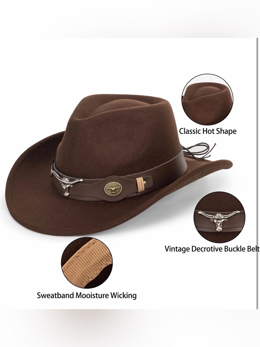 Brown Felt Cowboy Hat with Decorative Buckle Band